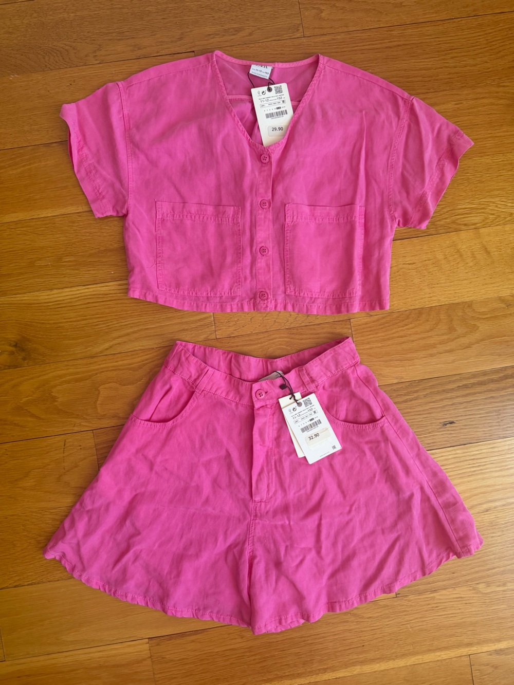 NEW size 11/12 Zara Hot Pink Button-Front Crop Top & Shorts Set